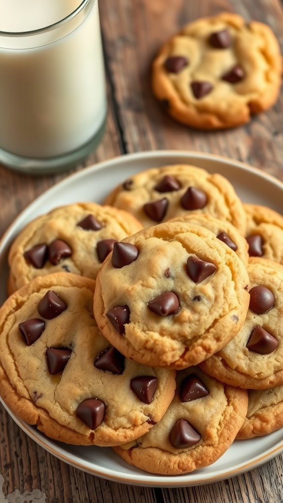 A tempting plate of chocolate chip cookies with a glass of milk on a rustic table.